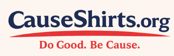 Logo of CauseShirts.org with a red and blue design on a white background