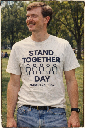 Man wearing a t-shirt with 'Stand Together Day' text and graphics in an outdoor setting.